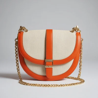 Canvas And Orange Leather Crossbody Bag With Chain Strap, Free Shipping, Extra Sale Today