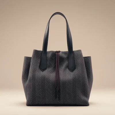 Herringbone Fabric Tote With Tall Leather Handles, Best Seller, Sale Off Only Today