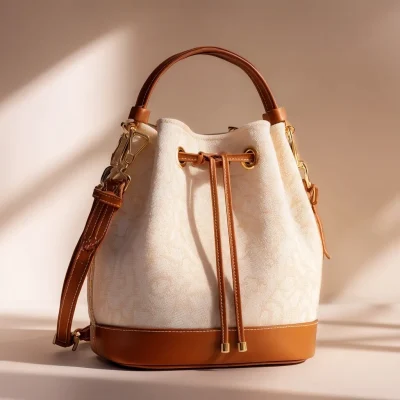 Premium Ivory Drawstring Bucket Bag With Genuine Leather Trim, Built To Last, Best Gift, Best Sell, Extra Sale