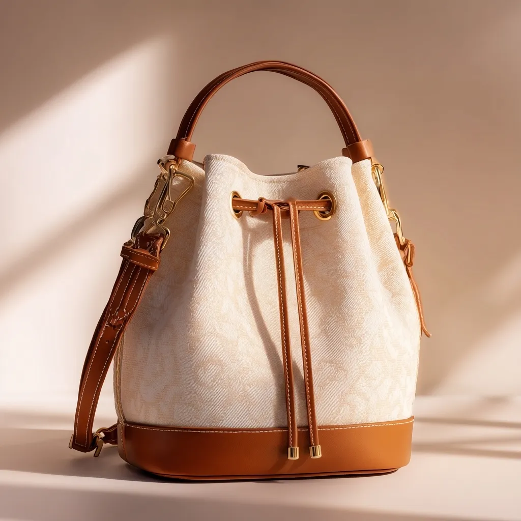 Premium Ivory Drawstring Bucket Bag With Genuine Leather Trim, Built To Last, Best Gift, Best Sell, Extra Sale