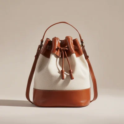 Luxury Linen Bucket Bag with Leather Trim, Best Gift, Best Sell, Extra Sale