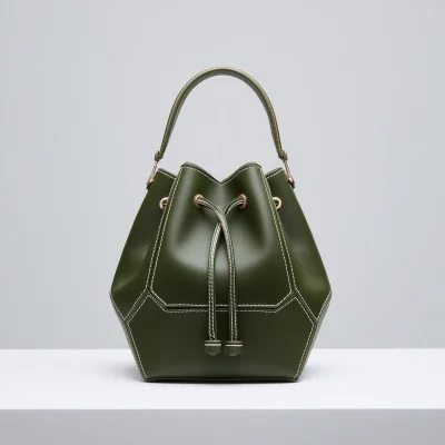 Premium Olive Genuine Leather Drawstring Bucket Bag, Best Gift, Best Sell, Extra Sale